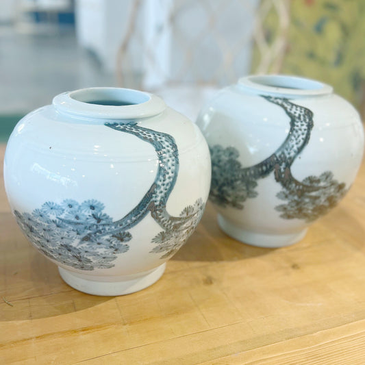 Pair Black and White Botanical Porcelain Short Vase